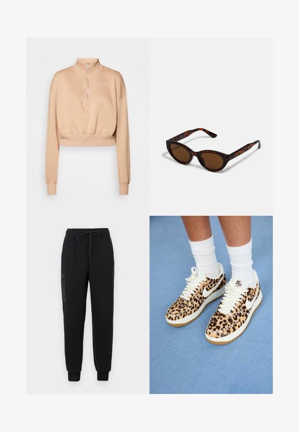 Nike Sportswear Sweatshirt - hemp/sail; Sorte sweatpants med snoretræk i taljen, lynlåslomme i siden og tætsiddende nederste kant. Fremstillet af blødt, struktureret stof.; Leopardprint Nike Air Force 1 sneakers med hvide snørebånd og swoosh, med en tan gummisål og tekstureret overdel. Hvide crew-sokker synlige.; Brune skildpadde solbriller med en vintage katteøje-form og brune linser. Har buede arme med røde detaljer.