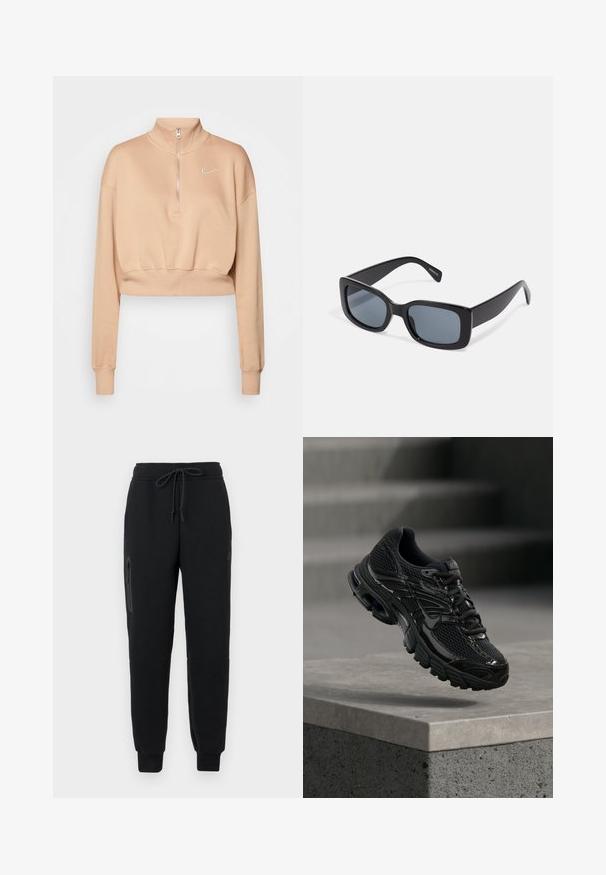 Nike Sportswear Sweatshirt - hemp/sail; Sorte sweatpants med snoretræk i taljen, lynlåslomme i siden og tætsiddende nederste kant. Fremstillet af blødt, struktureret stof.; Sort Nike løbesko med mesh og syntetisk overdel, der svæver over en betonoverflade og trin i baggrunden.; Sorte rektangulære solbriller med mørkt tonede linser, tyk plastramme og brede stænger. Glat overflade og kantet design.