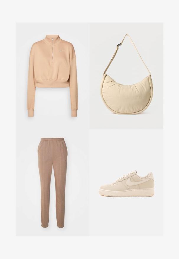 Nike Sportswear Mikina - hemp/sail; Hnedé športové nohavice s elastickým pásom, bočnými vreckami, zúženými nohavicami a nenápadným logom Nike. Vyrobené z mäkkého, textúrovaného materiálu.; Nízke béžové tenisky Nike Air Force 1 so šnurovaním a perforáciami na prednej časti, na jednofarebnom pozadí.; Béžová polmesiacová kabelka na rameno s mäkkou, vypchávkovou textúrou. Má nastaviteľný popruh a zipsový uzáver pozdĺž hornej hrany.