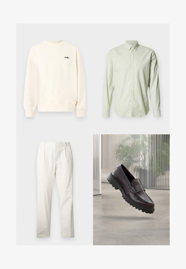 Sweat-shirt crème col rond à manches longues avec petit logo noir "ellesse" sur le haut gauche de la poitrine.; Chemise à manches longues boutonnée avec des rayures verticales vert clair et blanches, col boutonné, sur un fond uni.; Pantalons en coton blanc à jambe droite, dotés de plis sur le devant, d'une texture lisse et d'une conception de taille classique.; Chaussure à enfiler en cuir marron avec un bout rond et une semelle en caoutchouc noire robuste. Présente une bride décorative traversant le coup de pied.
