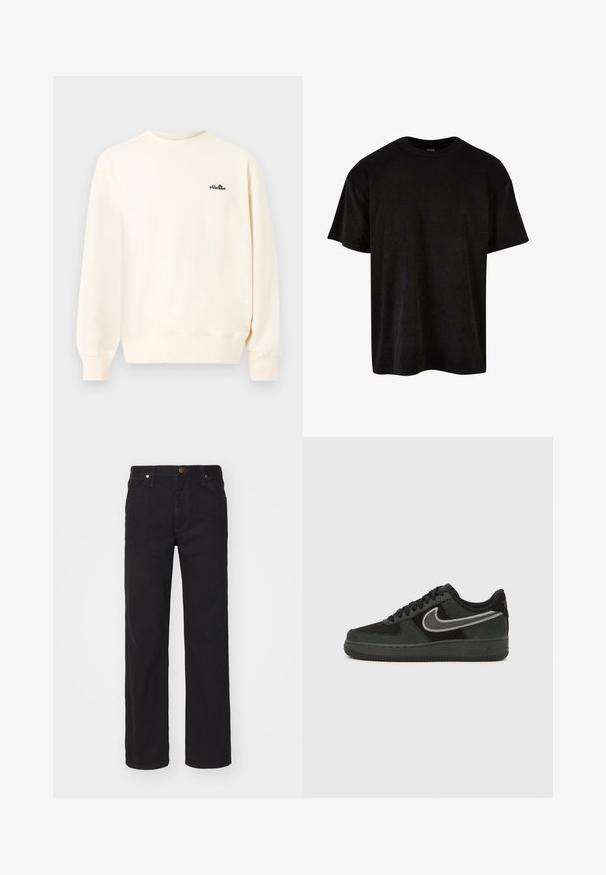 Crèmekleurige sweatshirt met ronde hals en lange mouwen, met een klein zwart "ellesse" logo op de linkerborst.; Zwart katoenen t-shirt met korte mouwen, ronde hals, ontspannen pasvorm en een soepele textuur. Geen patronen of extra details zichtbaar.; Zwarte rechte spijkerbroek met voorzakken, riemlussen en een knoopsluiting op een effen achtergrond.; Nike Air Force 1 sneaker in zwart suède en leer, met een zilveren swoosh, ronde neus, vetersluiting en een geribbelde rubberen buitenzool.