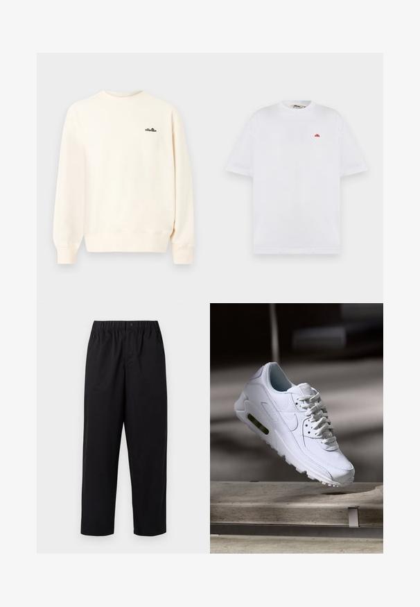 Sudadera de cuello redondo color crema con mangas largas y pequeño logo negro de "ellesse" en la parte superior izquierda del pecho.; Camiseta blanca de manga corta con cuello redondo y pequeño logotipo rojo en el lado izquierdo del pecho.; Pantalones negros de pierna ancha con cintura elástica y un solo botón. Fabricados con una tela suave y ligera. Dobladillo recto.; Zapatilla blanca de piel con superficies texturizadas, cuello acolchado y amortiguación de aire visible en la suela. Presenta cordones y un diseño minimalista.