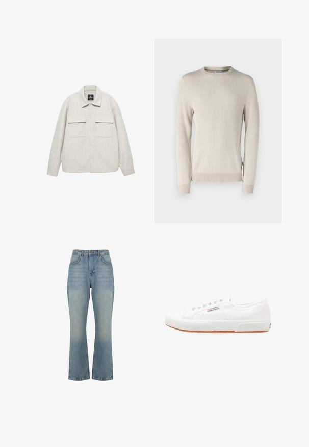 Pull en tricot beige présentant un motif texturé, un col ras du cou et des poignets et ourlet côtelés. Fabriqué en matériau doux et respirant.; Veste en sherpa gris clair avec un devant boutonné, deux poches poitrine et un col classique. Texture douce et design décontracté.; Jean en denim bleu clair taille haute, coupe droite, fermeture par boutons devant, passants de ceinture et deux poches avant.; Baskets en toile blanches avec une semelle en caoutchouc, design à lacets et une petite étiquette logo sur le côté. Tige blanche texturée et semelle extérieure marron.
