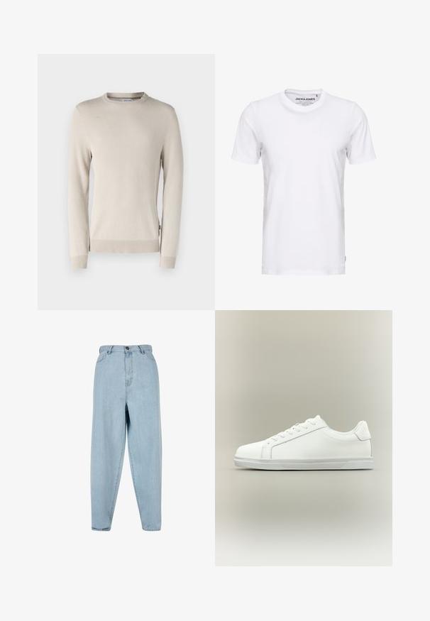 Beige gebreide trui met een gestructureerd patroon, ronde halslijn en ribgebreide manchetten en zoom. Gemaakt van zacht, ademend materiaal.; Witte korte mouwen t-shirt van katoen, met een ronde hals en een eenvoudig ontwerp. Merktag zichtbaar op het nekgebied. Geen patronen of accenten.; Lichtblauwe high-waisted jeans met een relaxte fit. Voorzien van een knoopsluiting, ritssluiting en vijf-pocketdesign. Licht vervaagde stoftextuur.; Witte lage sneaker met veterluiting aan de voorkant en een gestructureerde rubberen zool tegen een neutrale achtergrond.