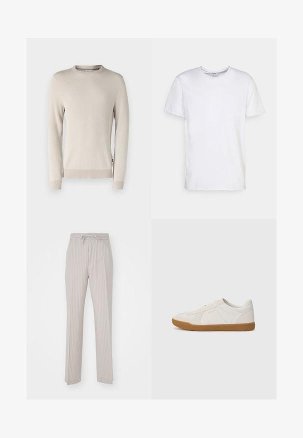 Beige gebreide trui met een gestructureerd patroon, ronde halslijn en ribgebreide manchetten en zoom. Gemaakt van zacht, ademend materiaal.; Witte t-shirt met korte mouwen, gemaakt van katoen. Heeft een ronde halslijn en een comfortabele pasvorm zonder zichtbare patronen of accessoires.; Lichtbeige broek met verticale dunne strepen, voorzien van een elastische tailleband en een trekkoordsluiting. Zachte stof, recht model.; Witte sneaker gemaakt van glad leer met een gumrubberen zool, voorzien van eenvoudige stiksels en een klein gouden logo aan de zijkant.
