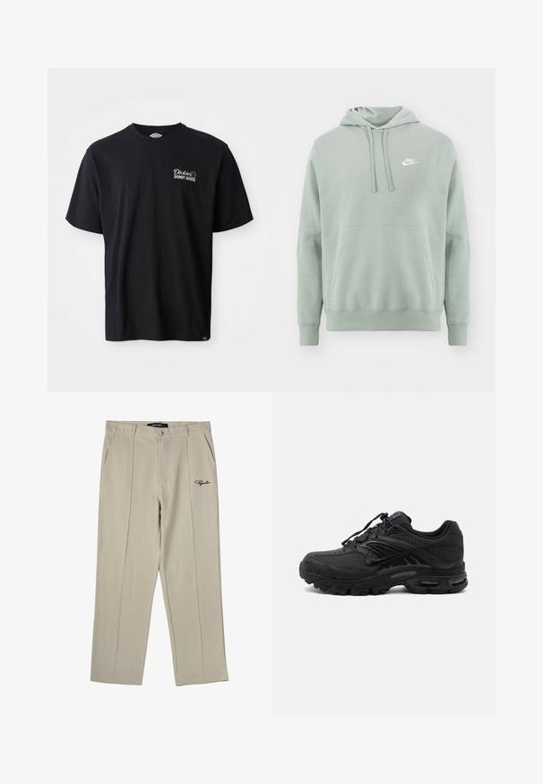 Svetlozelená mikina s kapucňou vyrobená z mäkkej látky, s prednou kiesňou, kapucňou na šnúrku a bielym logom Nike v hornej ľavej časti.; Čierne bavlnené tričko s krátkymi rukávmi. Nachádza sa na ňom vyšívané logo "Dickies Donut House" na ľavej strane hrudi. Klasický dizajn s okrúhlym výstrihom.; Béžové textúrované nohavice s voľným strihom, majúce predné vrecká, jedno zadné vrecko a vyšívané logo na ľavom stehne.; Čierna atletická teniska s texturovanou tkaninou, hrubou polstrovanou podrážkou, odvetrávacími otvormi a šnurovaním, zobrazená z boku na svetlom pozadí.