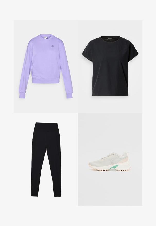 Lyslilla sweatshirt lavet af blødt stof, med rund halsudskæring, lange ærmer og lille logo på brystet. Ribstrikkede manchetter og kant.; Sort atletisk t-shirt med korte ærmer og rund hals, lavet af tekstureret stof, med et diskret logo på fronten.; Sorte leggings med høj, ribstrikket talje, sømløst design, sidelommer og glat tekstur hele vejen igennem.; Lys grå atletisk sko med mesh-overdel, cremefarvet gummisål, teal-accenter og tekstureret detaljer. Har rund tå og snøre design.
