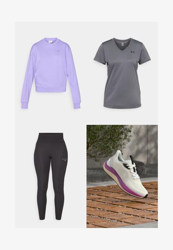 Lila sweatshirt van zachte stof, met een ronde hals, lange mouwen en een klein logo op de borst. Geribbelde manchetten en zoom.; Under Armour TECH - Sport T-shirt - castlerock/black; Zwarte sportleggings van rekbaar materiaal, met een hoge tailleband en subtiele logo-opdruk aan de linkerpijp. Gladde textuur.; Witte atletiekschoen met paarse zool en zwarte accenten zweeft boven een houten lattenoppervlak buitenshuis, nabij een betonnen muur en groen.