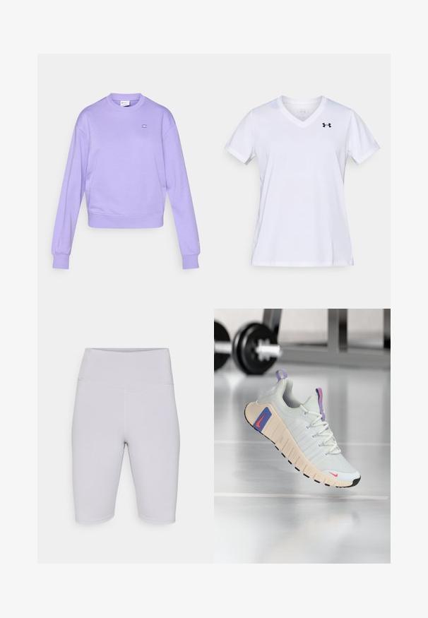 Sudadera lila hecha de tela suave, con cuello redondo, mangas largas y un pequeño logo en el pecho. Puños y bajo acanalados.; Camiseta blanca de manga corta con cuello en V, hecha de mezcla de algodón, con un logo negro en la parte superior izquierda. Textura suave y ajuste regular.; Bermudas de ciclismo gris claro, fabricadas con un tejido elástico, con una cinturilla alta y una textura suave sin patrones o acentos visibles.; Zapatilla con parte superior de malla gris claro, cuello acolchado y suela de crema texturizada. Presenta acentos en rosa y azul y banda de rodadura de goma negra.