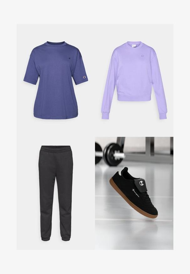 Lyslilla sweatshirt lavet af blødt stof, med rund halsudskæring, lange ærmer og lille logo på brystet. Ribstrikkede manchetter og kant.; Lilla bomulds T-shirt med rund hals og korte ærmer, med et lille logo på brystet og et logo patch på ærmet.; Mørkegrå joggingbukser med snøre i taljen, tilspidsede ben og elastiske manchetter. Fremstillet af et blødt, tekstureret stof.; Sort og brun Champion-sneakers svævende i luften i et fitnessmiljø med en sløret vægtstang i baggrunden.