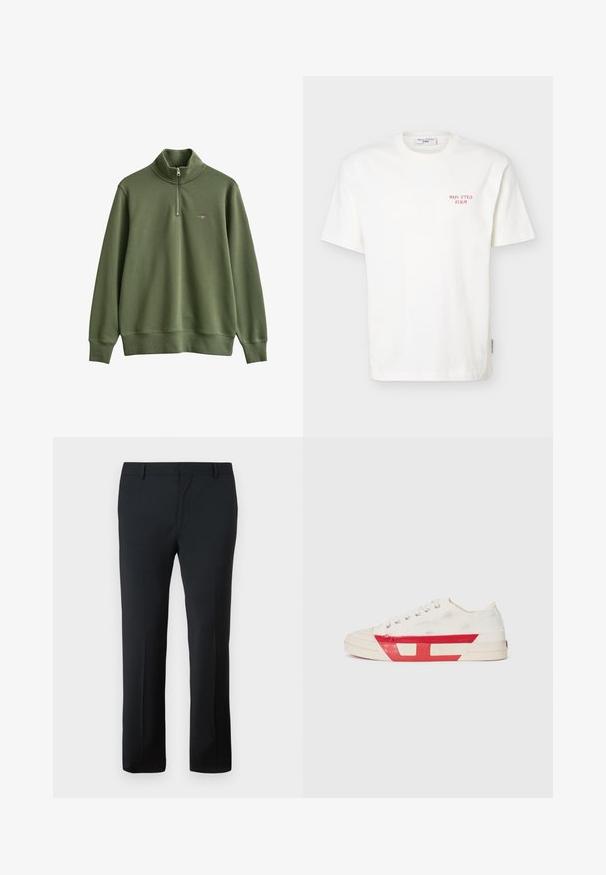 Olijfgroene trui met lange mouwen, kwartrits en klein geborduurd logo op de linkerborst, geribde manchetten en zoom.; Witte T-shirt met korte mouwen en ronde hals met kleine rode tekst "Marc O’Polo Denim" op de linker bovenborst.; Zwarte op maat gemaakte broek met een gladde textuur, recht gesneden design, veilige tailleband en zonder zichtbare patronen of versieringen.; Canvas sneaker met een witte bovenkant, rode rubberen accenten en een gestructureerd ontwerp. Heeft een ronde neus en vijf oogjes voor de veters.
