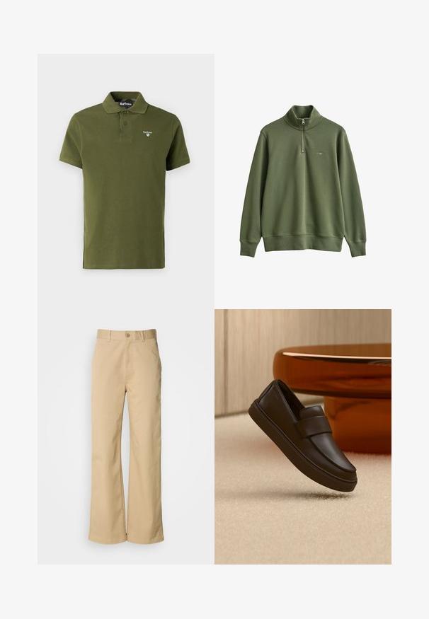 Olijfgroene trui met lange mouwen, kwartrits en klein geborduurd logo op de linkerborst, geribde manchetten en zoom.; Olijfgroene polo shirt van katoen, met een klassieke kraag, twee knopen, korte mouwen en een klein geborduurd logo op de borst.; Beige, wijde broek gemaakt van een katoenmix. Voorzien van een knoopsluiting en riemlussen. Soepele textuur, met minimale stikseldetails.; Enkele donkerbruine leren loafer die boven een crèmekleurig tapijt zweeft met een ronde oranje tafel op de achtergrond.