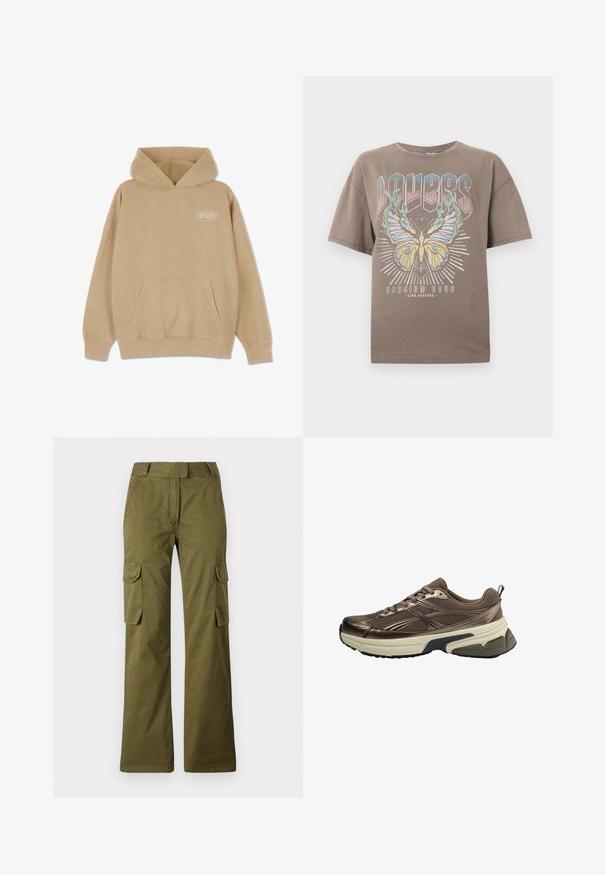 Beige hoodie met een voorzak, koordjes in de kap en ribgebreide manchetten en zoom. Bevat een klein wit logo aan de linkerkant.; Bruine oversized t-shirt met grote kleurrijke vlinderafbeelding, de tekst "WAVES" erboven en de tekst "Stadium Tour live concert" eronder aan de voorkant.; Olijfgroene cargobroek van een katoenmix, met een rechte pijp, twee zijzakken en een knoopsluiting bij de taille.; Bruine mesh sportschoen met beige dikke zool en zwarte profiel, gedetailleerde zijstrepen en veters, gezien vanaf de buitenkant.