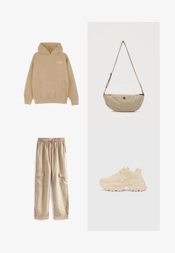 Beige hættetrøje med en frontlomme, snørelukning i hætten og ribbede manchetter og kant. Har et lille hvidt logo på venstre side.; Beige cargo bukser lavet af letvægtsstof, med elastisk talje, snor og flere store frontlommer.; Buffalo GALACTICA - Sneakers - cream; Beige halvmåneformet crossbody-taske med justerbar rem og lille rundt metallogo foran, lynlåslukning øverst.