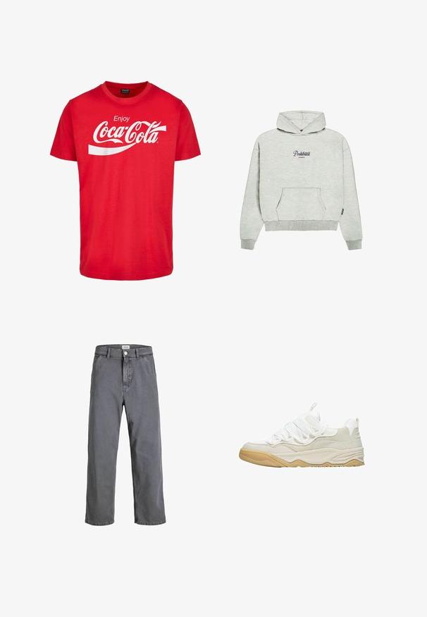PROHIBITED GARMENT - Hoodie - greymelange; Rode katoenen T-shirt met korte mouwen, voorzien van een witte "Coca-Cola"-logo en een golvend ontwerp op de borst. Klassieke ronde halsstijl.; Grijze katoenen broek met een relaxte pasvorm, voorzien van een knoopsluiting aan de voorkant, vier zakken en contrasterende stiksels op de naden.; Witte sneakers met een bovenwerk van gemengde materialen met mesh- en suède texturen, een rubberen zool en elastische veters voor een veilige pasvorm.