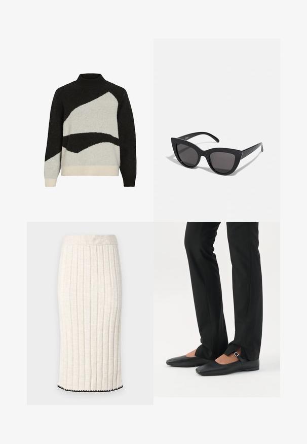 Zwart-wit kleur geblokte trui met een hoge hals, voorzien van een textuur gebreid ontwerp en een contrasterende crèmekleurige zoom.; Gehaakte midi rok in off-white, met verticale ribbels, een aansluitende taille en een zwarte gebogen zoom. Soepele textuur met een zachte val.; Benen met zwarte smalle broek met voorsplitten aan de zoom, gecombineerd met zwarte platte Mary Jane-schoenen met een klein gespje.; Zwarte cat-eye zonnebril met een matte afwerking, voorzien van grijs getinte glazen, scherpe hoeken en slanke zijarmen. Merkennaam zichtbaar op de binnenarm.