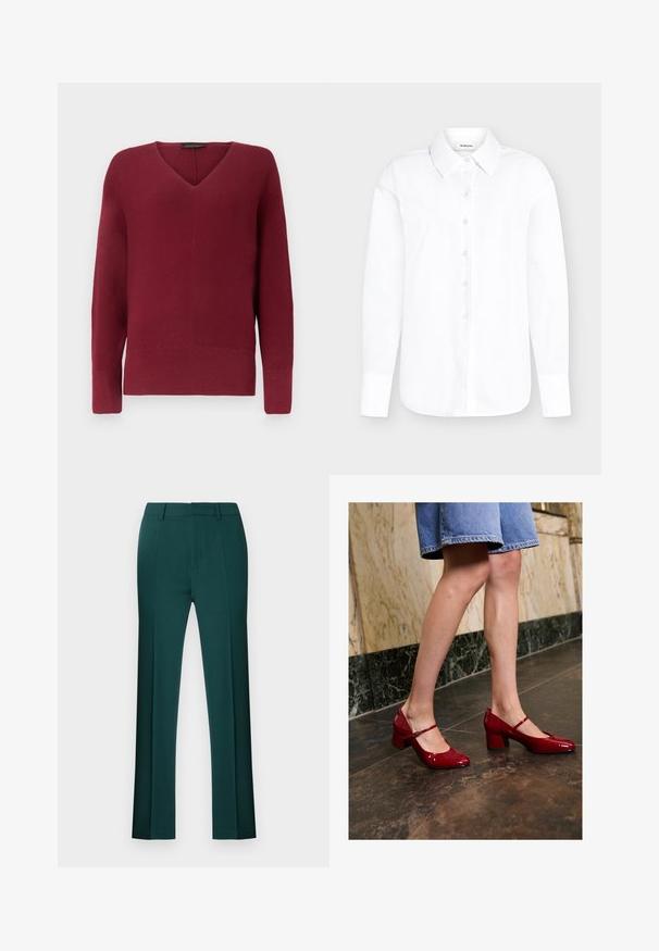 Suéter de punto burdeos para mujer, de manga larga, con cuello en V y puños y dobladillo acanalados.; Camisa blanca de manga larga con botones, cuello puntiagudo y puños abotonados sobre un fondo gris claro.; Pantalones en verde oscuro, hechos de tela lisa. Presentan un ajuste entallado, frente plano y piernas rectas con un dobladillo limpio. Sin patrones ni detalles visibles.; Persona con zapatos de charol rojos brillantes tipo Mary Jane y falda de mezclilla azul de pie sobre un suelo de baldosas oscuras cerca de una pared de mármol.
