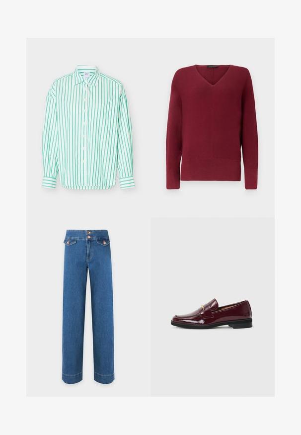Γυναικεία πλεκτή μπλούζα σε μπορντό χρώμα με μακριά μανίκια, λαιμό V και ριμπ μανσέτες και τελείωμα.; Λευκό πουκάμισο με κουμπιά, πράσινες κάθετες ρίγες, μακριά μανίκια, μπροστινή τσέπη και μυτερό γιακά.; Τζιν μπλε με ψηλή μέση και φαρδιές μπατζάκες, δύο μπροστινές τσέπες με κουμπιά και χαλκοχρωματικά κουμπιά στη μέση.; Κάστανα παπούτσια loafers από πατέντα δέρματος με στρογγυλή μύτη, που διαθέτουν διακοσμητική ταινία και χρυσή λεπτομέρεια, τοποθετημένα σε μαύρη καουτσούκ σόλα.