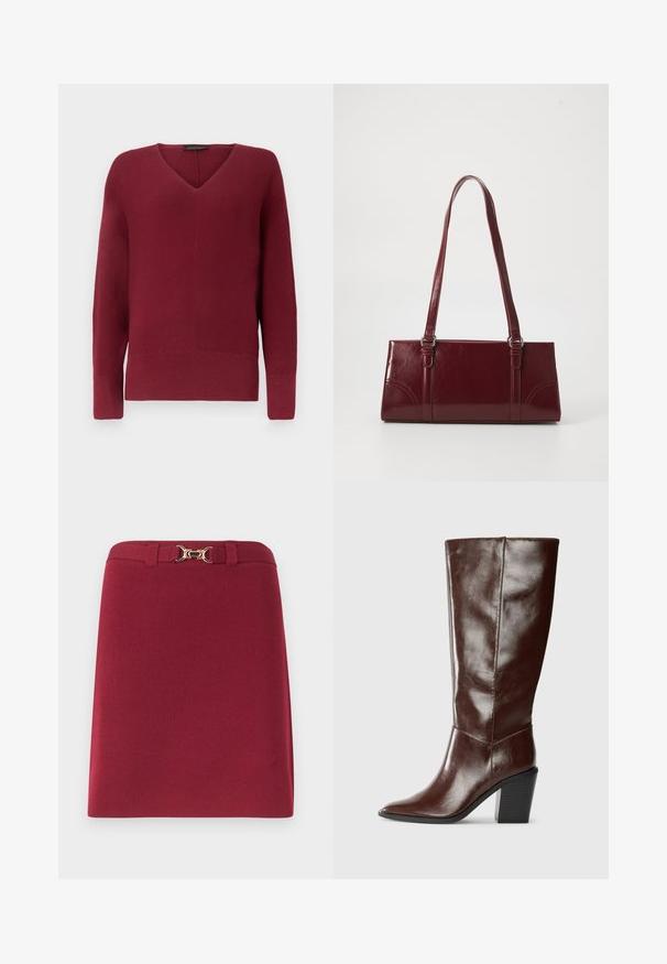 Pull en maille bordeaux pour femmes à manches longues, col en V, avec poignets et ourlet côtelés.; Jupe bordeaux longueur genou avec passants de ceinture et détail boucle mors dorée à la taille.; Botte haute en cuir marron foncé avec un bout pointu et un talon empilé, présentée de côté sur un fond uni.; Sac à main bordeaux en matériau brillant, de forme rectangulaire, avec deux anses et des accents légèrement courbés à l'avant.