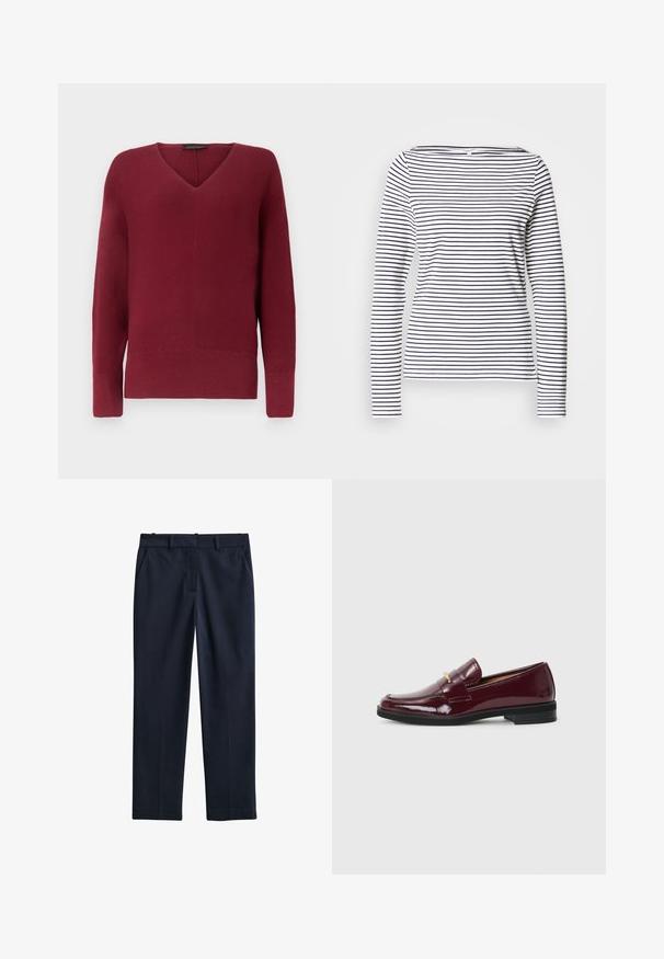 Pull en maille bordeaux pour femmes à manches longues, col en V, avec poignets et ourlet côtelés.; Haut à manches longues avec des rayures verticales bleu marine sur fond blanc, doté d'un col bateau et d'une silhouette ajustée. Confectionné dans un tissu doux.; Pantalon formel homme bleu marine foncé avec passants pour ceinture, poches latérales et fermeture éclair à l'avant, présenté à plat sur fond blanc.; Mocassins en cuir verni bordeaux à bout rond, avec une sangle décorative et un accent doré, montés sur une semelle en caoutchouc noire.