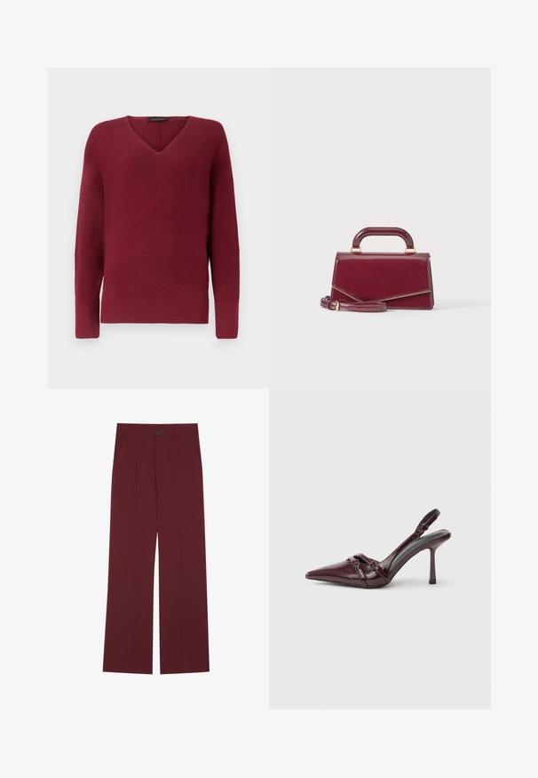 Pull en maille bordeaux pour femmes à manches longues, col en V, avec poignets et ourlet côtelés.; Pantalons bordeaux avec une coupe évasée, dotés d'une fermeture à bouton, de deux poches latérales et de détails plissés à l'avant. Texture de tissu lisse.; Escarpin slingback en cuir verni bordeaux avec bout pointu, fine bride à la cheville et petit détail décoratif de boucle. Texture lisse et talon haut.; Petit sac à main bordeaux brillant avec une poignée supérieure et une bandoulière détachable, présenté sur un fond clair uni.