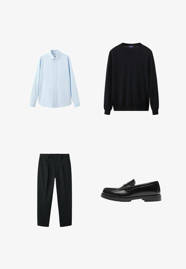 Pull noir en tissu tricoté doux. Il présente un col rond, des manches longues avec des poignets côtelés, et un ourlet droit. Design simple, sans motifs.; Chemise bleu clair à manches longues avec boutons, col pointu et poche poitrine, présentée sur fond blanc.; Pantalons noirs ajustés avec une fermeture à bouton et à glissière, des poches latérales, des passants de ceinture et des plis à l'avant.; Mocassin en cuir noir avec une semelle en caoutchouc épaisse et un détail classique de bride à monnaie, vu de côté extérieur.