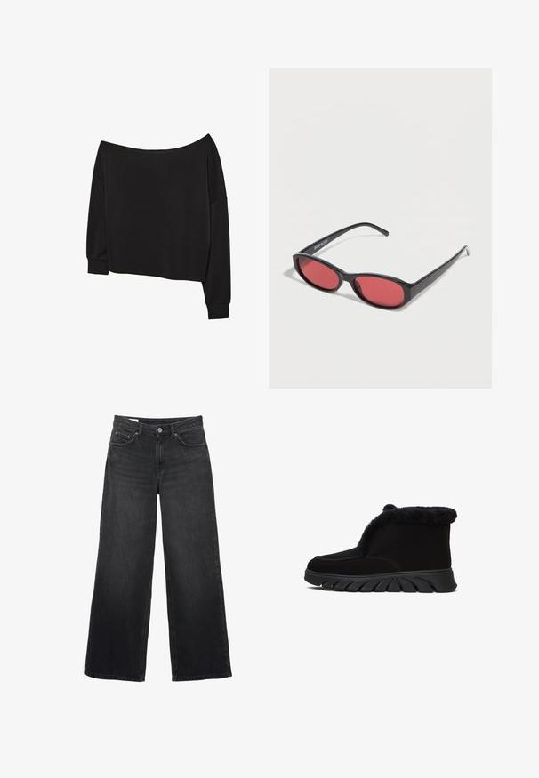 Schwarzes, schulterfreies Oberteil mit langen Ärmeln und entspannter Passform; weicher Baumwollmischstoff; weiter Ausschnitt; lockere Ärmel; gerippte Bündchen und Saum.; Schwarze Jeans mit weitem Bein und hoher Taille, vorne mit Knopf- und Reißverschluss, Gürtelschlaufen und Fünf-Taschen-Design.; Schwarze Stiefeletten mit einem weichen, plüschigen Innenfutter, glattem synthetischem Material und einer dicken strukturierten Sohle mit Wellenmuster.; Schwarze ovale Sonnenbrille mit schlanken Bügeln und rot getönten Gläsern, die auf einer weißen Oberfläche liegt.