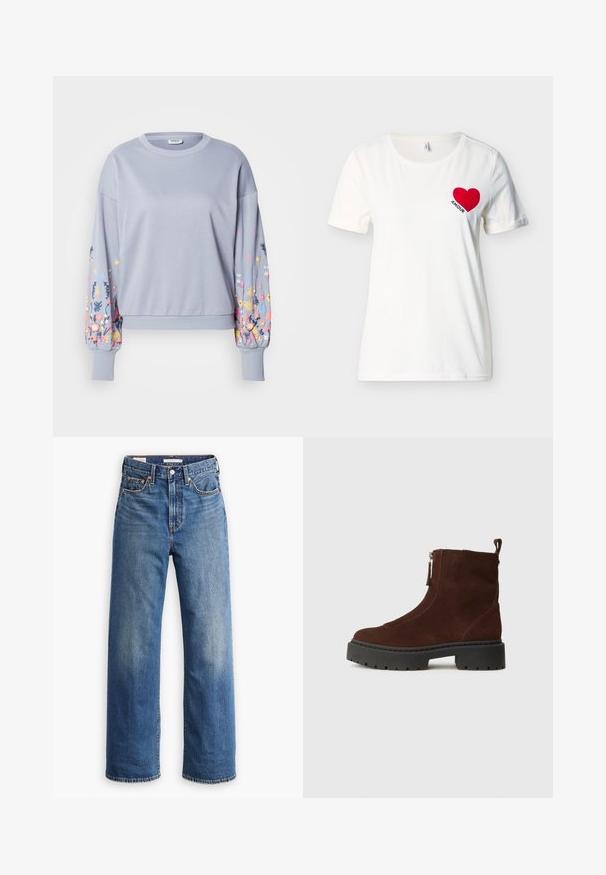 Lyseblå sweatshirt med blomsterbroderi på ærmerne, blød tekstur, ribbet manchetter og kant, afslappet pasform, rund halsudskæring.; Hvid T-shirt med korte ærmer og rund hals, med et rødt hjerte og ordet "AMOUR" på venstre bryst.; Lyseblå denimjeans med høj talje, bred benstil, klassisk fem-lomme design og subtil falmning på stoffet.; Brun ruskinds ankelstøvle med kraftig sort gummisål og lynlås i siden, set fra den ydre side på en hvid baggrund.