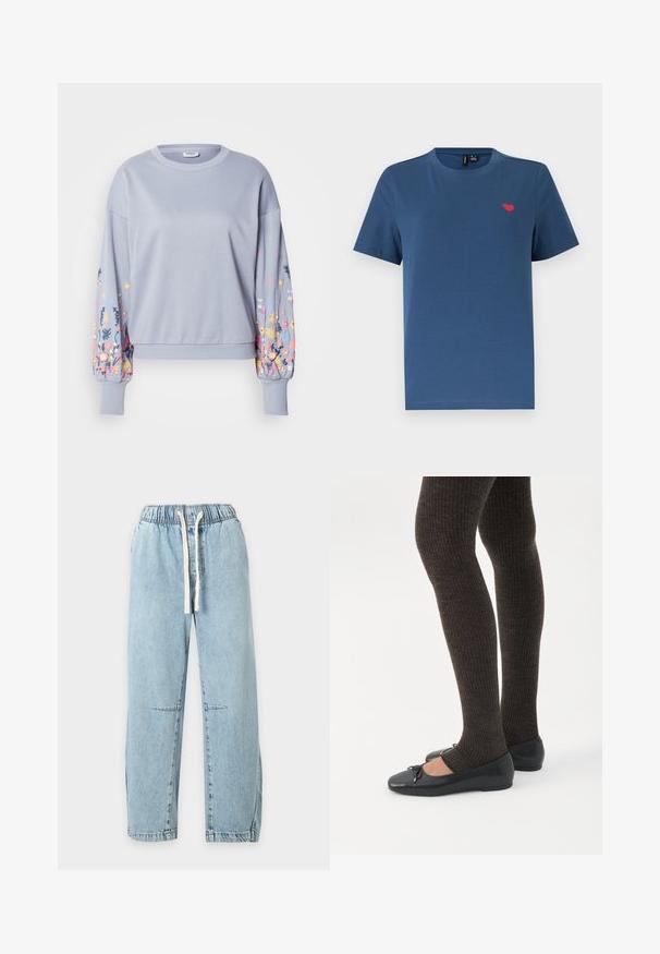 Sweat-shirt bleu clair avec broderie florale sur les manches, texture douce, poignets et ourlet côtelés, coupe décontractée, encolure ronde.; T-shirt bleu à manches courtes et col rond avec un petit emblème en forme de cœur rouge sur le côté gauche de la poitrine, sur un fond blanc uni.; Pantalon en denim bleu clair avec taille élastique et cordon blanc, jambes droites et détails subtils sur les coutures aux genoux.; Jambes portant des leggings côtelés foncés associés à des ballerines noires avec de petits détails en nœud sur fond blanc.