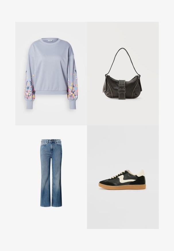Lichtblauwe sweatshirt met geborduurde bloemen op de mouwen, zachte textuur, geribbelde manchetten en zoom, losse pasvorm, ronde halslijn.; Blauwe denim jeans met een hoge taille, wijd uitlopend ontwerp en een vervaagde wassing. Heeft een klassieke vijf-pocket stijl en een sluiting met een knoop aan de voorkant.; Zwarte suède en leren sneaker met een crèmekleurige zij-swoosh en lichte crèmekleurige hiel. Voorzien van beige veters en een gumrubberen zool.; Zwarte leren schoudertas met gespsluiting aan de riem, afgeronde hoeken en contrasterende witte stiksels op een effen achtergrond.