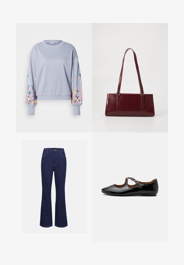 Lyseblå sweatshirt med blomsterbroderi på ærmerne, blød tekstur, ribbet manchetter og kant, afslappet pasform, rund halsudskæring.; Mørkeblå denim flared jeans med høj talje, standard knaplukning og forlommer. Har kontraststing og en glat tekstur.; Sort laklæder Mary Jane-flad sko med to udskæringer og en guldbuckelrem på hvid baggrund.; Bordeaux håndtaske lavet af glansfuldt materiale, rektangulær form, med to skulderremme og subtile buede detaljer på forsiden.