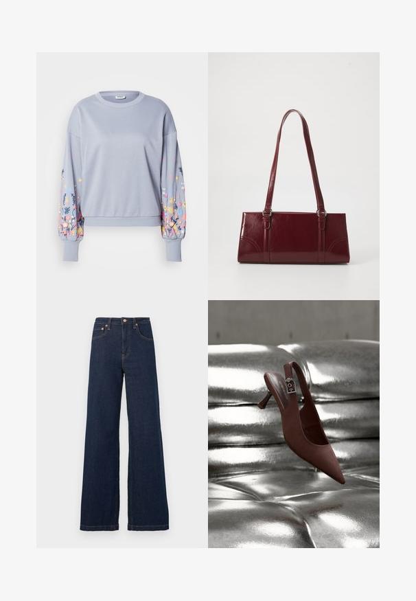 Sweat-shirt bleu clair avec broderie florale sur les manches, texture douce, poignets et ourlet côtelés, coupe décontractée, encolure ronde.; Jean denim bleu foncé taille haute, jambes larges, avec poches avant, passants pour ceinture, bouton et rivets couleur cuivre.; Chaussure slingback pointue marron avec talon bas et bride à boucle reposant sur une surface capitonnée argentée métallique brillante.; Sac à main bordeaux en matériau brillant, de forme rectangulaire, avec deux anses et des accents légèrement courbés à l'avant.