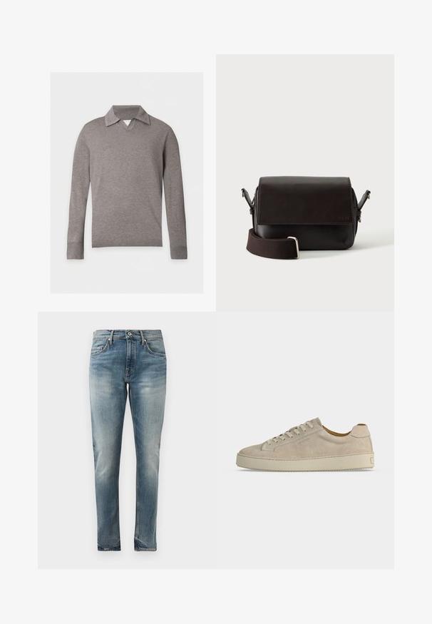 Jersey de punto gris de manga larga con cuello doblado y puños y bajo acanalados, mostrado sobre un fondo blanco liso.; Jeans de denim azul de corte slim con lavado desgastado, estilo de cinco bolsillos, cierre de botón y un sutil efecto de desgaste en las caderas y rodillas.; Zapatilla beige de ante de tacón bajo con cierre de cordones y suela gruesa de goma, mostrada de lado sobre un fondo blanco liso.; Bolso bandolera de cuero marrón oscuro con cierre de solapa y correa de tela ajustable sobre fondo blanco.