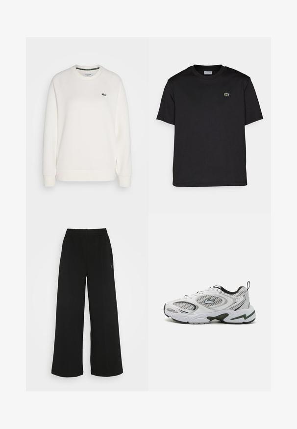 Weißer Baumwollpullover mit Rippbündchen und Saum. Verfügt über einen Rundhalsausschnitt und eine grüne Lacoste- Markenlogo am Kragen. Klassische Passform.; Schwarzes Baumwoll-T-Shirt mit rundem Ausschnitt, kurzen Ärmeln und einem kleinen grünen gestickten Logo auf der linken Brust. Einfaches Design.; Schwarze weit geschnittene Hose mit einem elastischen Bund. Hergestellt aus einem weichen, leichten Material. Mit vertikalen Nähten an der Vorderseite.; Weiße Sportschuhe mit Netzpanelen, schwarzen Akzenten und einer strukturierten Sohle. Sie bieten ein schlankes Design und ein auffälliges Logo an der Seite.