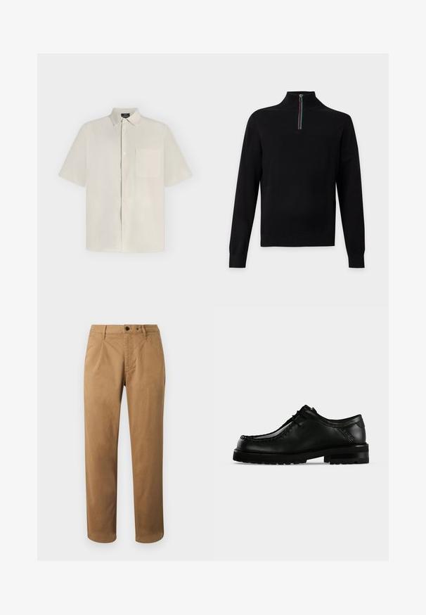 Pull noir à manches longues avec un col montant et une courte fermeture éclair avec des rayures rouges, blanches, vertes et bleues.; Chemise beige à manches courtes avec boutons, col et poche poitrine, présentée à plat sur un fond clair.; Chinos marron à jambes droites, plis à l'avant, deux poches avant et une seule poche arrière. Fabriqués dans un mélange de coton lisse.; Chaussure en cuir noir à lacets avec semelle épaisse en caoutchouc et couture moc toe, vue de profil gauche sur fond clair uni.