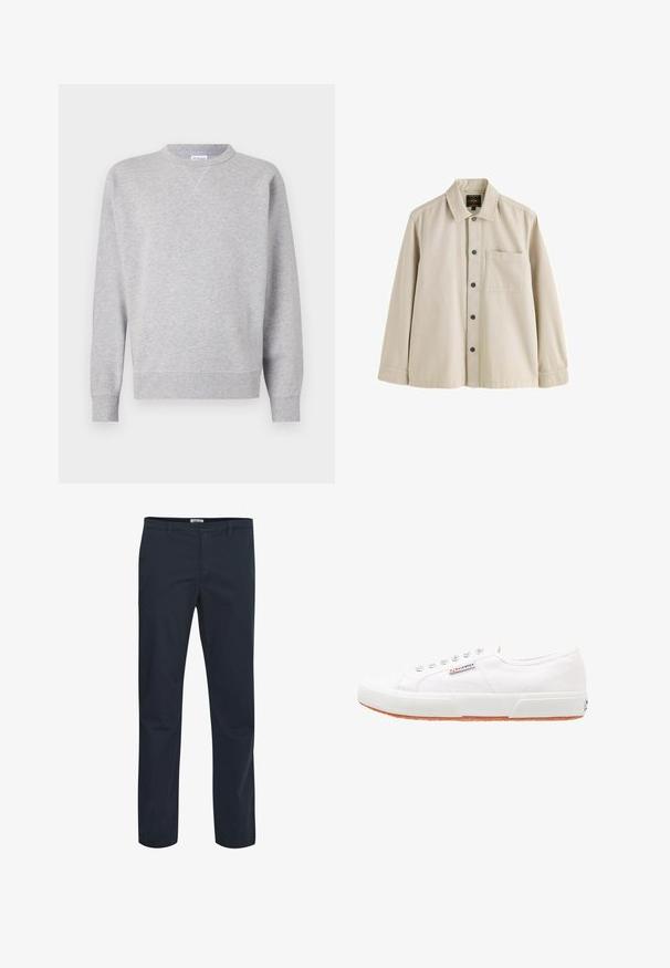 Sudadera gris hecha de tela suave, con cuello redondo, mangas largas, puños acanalados y dobladillo recto. Sin patrones ni gráficos visibles.; Camisa beige de manga larga con botones, cuello y un bolsillo en el pecho, hecha de una tela resistente.; Pantalones azul marino fabricados con tejido de mezcla de algodón. Presentan un diseño clásico con bolsillos frontales y cremallera. Textura suave.; Zapatillas de lona blancas con suela de goma, diseño de cordones y una pequeña etiqueta con el logo en el lateral. Parte superior texturizada blanca y suela marrón.