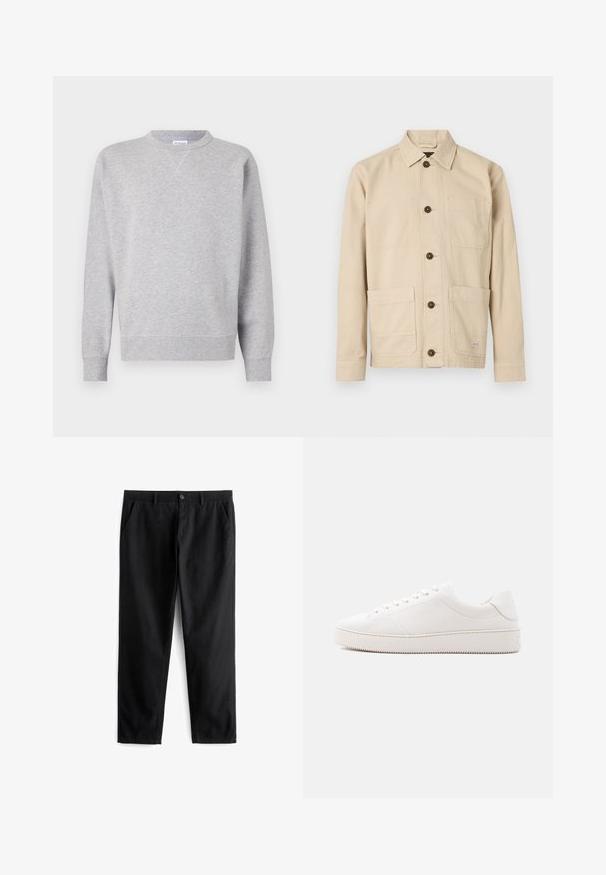 Grijze sweatshirt van zacht materiaal, met een ronde hals, lange mouwen, geribbelde manchetten en een rechte zoom. Geen zichtbare patronen of grafische elementen.; Lichtbeige werkjasje, katoenen stof, knoopsluiting aan de voorkant, puntige kraag, twee borstzakken, twee lagere zakken, bruine knopen, gestikte details.; Zwarte broek van duurzaam materiaal, met twee voorzakken, een knoopsluiting, een platte voorkant en een recht gesneden pijp.; Witte lederen sneaker met een gladde afwerking, ronde neus, vetersluiting met zes veteroogjes en een rubberen zool met structuur. Minimalistisch ontwerp zonder patronen.