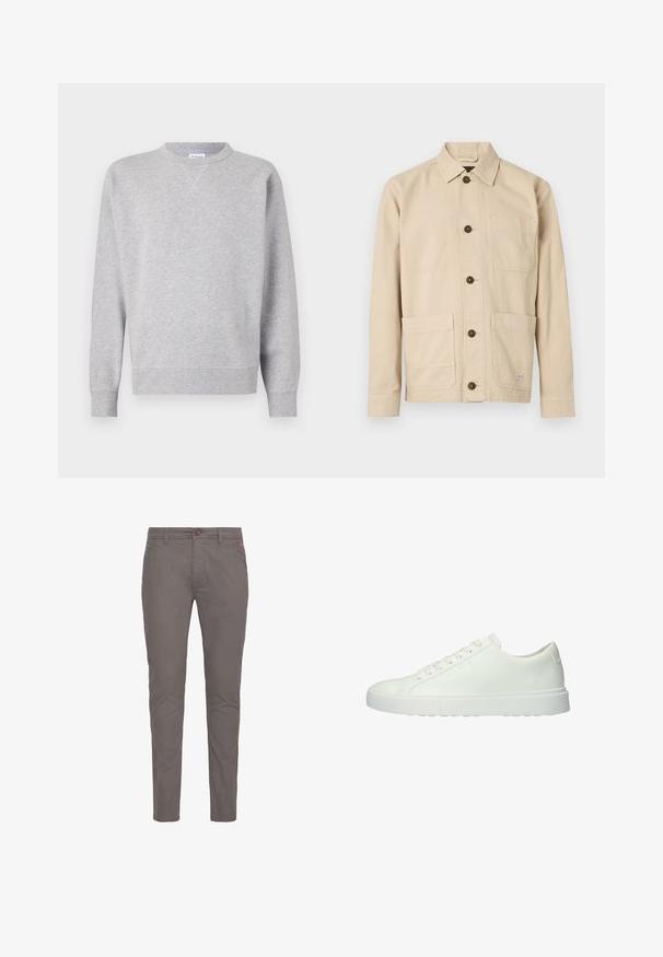 Grå sweatshirt lavet af blødt stof, med rund halsudskæring, lange ærmer, ribbede manchetter og lige kant. Ingen synlige mønstre eller grafik.; Lysebeige arbejdsjakke, bomuldsstof, med knapper foran, spids krave, to brystlommer, to nederste lommer, brune knapper, syningsdetaljer.; Grå bomulds chinos med lige pasform, der har knaplukning, standardlommer og minimalistisk design. Glat tekstur og ingen mønstre.; Hvide lædersneakers med lav profil, rund tå, seks snørehuller og en tekstureret gummisål, der har et minimalistisk design og ingen synlig branding.