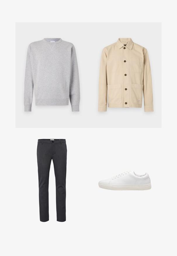 Grå sweatshirt lavet af blødt stof, med rund halsudskæring, lange ærmer, ribbede manchetter og lige kant. Ingen synlige mønstre eller grafik.; Lysebeige arbejdsjakke, bomuldsstof, med knapper foran, spids krave, to brystlommer, to nederste lommer, brune knapper, syningsdetaljer.; Mørkegrå slim-fit bukser lavet af tekstureret stof, med knaplukning, bæltestropper og sidelommer til praktisk brug.; Hvide lædersneakers med en glat overflade, rund tå, snørebåndslukning og flad gummisål. Minimalistisk design uden synlige mønstre.