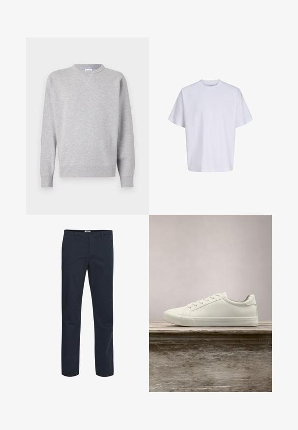 Grå sweatshirt lavet af blødt stof, med rund halsudskæring, lange ærmer, ribbede manchetter og lige kant. Ingen synlige mønstre eller grafik.; Simpel hvid oversized t-shirt med korte ærmer, rund hals og løs pasform mod en hvid baggrund.; Mørkeblå bukser lavet af en blanding af bomuldsstof. Har et klassisk design med forlommer og lynlås. Glat tekstur.; Hvide snørresneakers svævende over en træbænk med grønne planter i baggrunden, der fremhæver skodesign og tekstur.