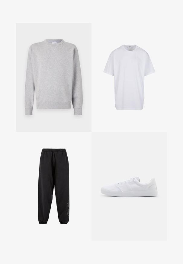 Sudadera gris hecha de tela suave, con cuello redondo, mangas largas, puños acanalados y dobladillo recto. Sin patrones ni gráficos visibles.; Camiseta blanca lisa de algodón, de manga corta, con cuello redondo y etiqueta visible de talla y marca dentro del cuello.; Pantalones de chándal negros hechos de una tela suave con una cintura elástica. Tobillos entallados y detalle de texto impreso en un lado. Corte casual y relajado.; Zapatillas de lona blancas con suela de goma, que cuentan con seis ojales, una puntera texturizada y un diseño minimalista.