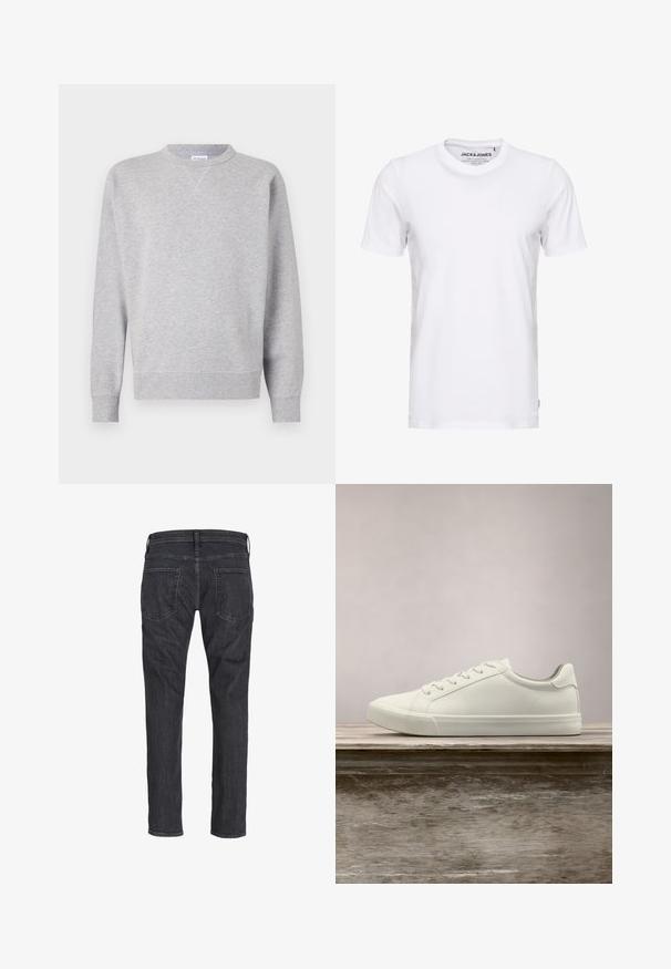 Sweatshirt gris en tissu doux, avec un col rond, des manches longues, des poignets côtelés et un ourlet droit. Aucune motif ni graphique visible.; T-shirt blanc à manches courtes en coton, avec un col rond et un design simple. Étiquette de marque visible au niveau du cou. Aucun motif ni accent.; Jean droit gris foncé vu de dos avec deux poches arrière et des passants de ceinture sur la taille.; Sneaker en dentelle blanche flottant au-dessus d'un banc en bois avec un feuillage vert en arrière-plan, mettant en valeur le design et la texture de la chaussure.