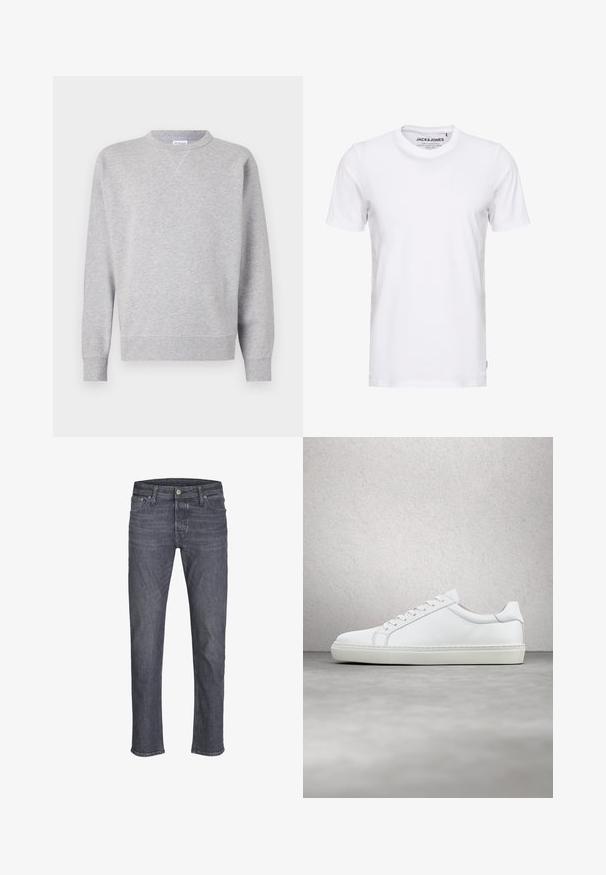 Grijze sweatshirt van zacht materiaal, met een ronde hals, lange mouwen, geribbelde manchetten en een rechte zoom. Geen zichtbare patronen of grafische elementen.; Witte korte mouwen t-shirt van katoen, met een ronde hals en een eenvoudig ontwerp. Merktag zichtbaar op het nekgebied. Geen patronen of accenten.; Donkere grijze denim jeans met rechte pijpen, voorzien van knoop- en ritssluiting, voor- en achterzakken, en lussen voor een riem.; Witte sneaker met een gladlederen bovenwerk en een laag profiel. Voorzien van een ronde neus, zes vetergaatjes en een gestructureerde rubberen zool.