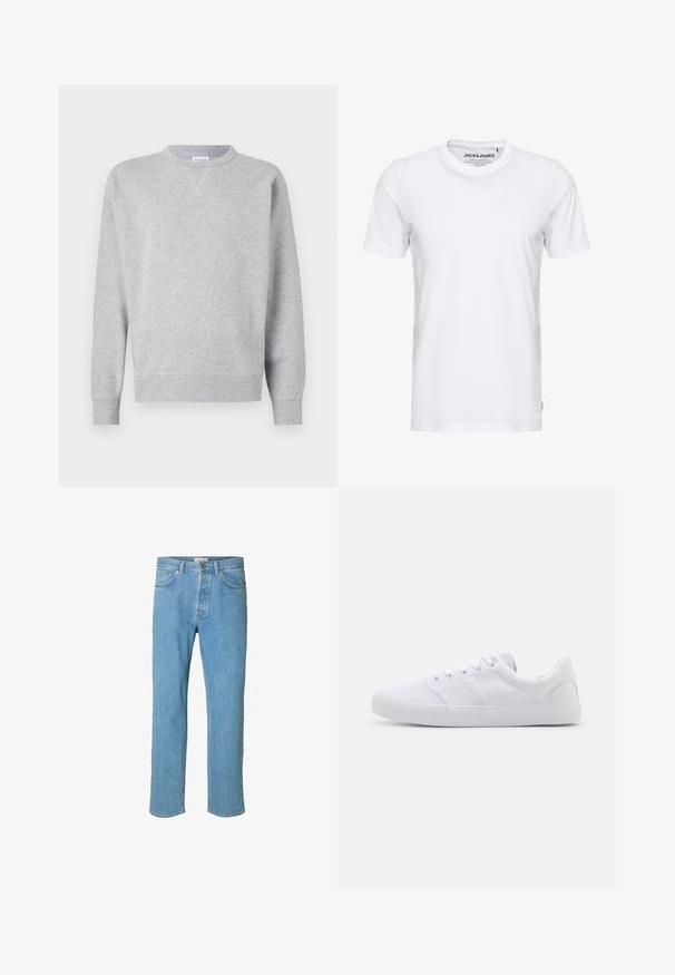 Hall grey särk, mis on valmistatud pehmest kangast, omab ümmargust kaelust, pikki varrukaid, soonikuid mansetid ning sirget allääret. Ei ole nähtavaid mustreid ega graafikat.; Valge lühikeste varrukatega T-särk, mis on valmistatud puuvillast, ümarate kaelustega ja lihtsa disainiga. Brändi silt on nähtav kaela piirkonnas. Muster või aktsente ei ole.; Heledad sinise tooni teksapüksid, millel on sirge jalgade disain. Omadusteks on nööpidega rihm, viis taskut ja õmblustega detailid õmbluste ääres.; Valged kangast dressikingad kummist tallaga, kuue paelakohaga, tekstureeritud varbakattega ja minimalistliku disainiga.