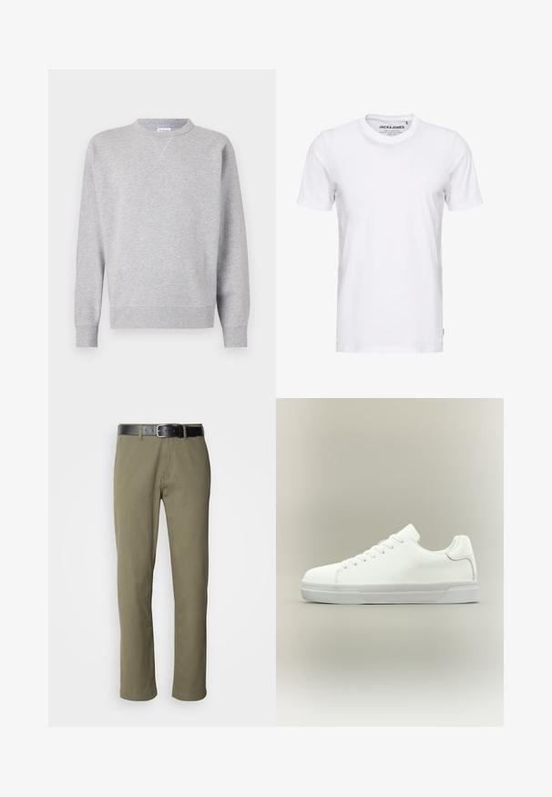 Grijze sweatshirt van zacht materiaal, met een ronde hals, lange mouwen, geribbelde manchetten en een rechte zoom. Geen zichtbare patronen of grafische elementen.; Witte korte mouwen t-shirt van katoen, met een ronde hals en een eenvoudig ontwerp. Merktag zichtbaar op het nekgebied. Geen patronen of accenten.; Olivengroene rechte broek van katoen, met een zwarte leren riem, zichtbare stiksels en zijzakken.; Witte lage sneaker met veters aan de voorkant, gevoerde kraag en gerubberde zool met textuur, zijaanzicht op een neutrale achtergrond.