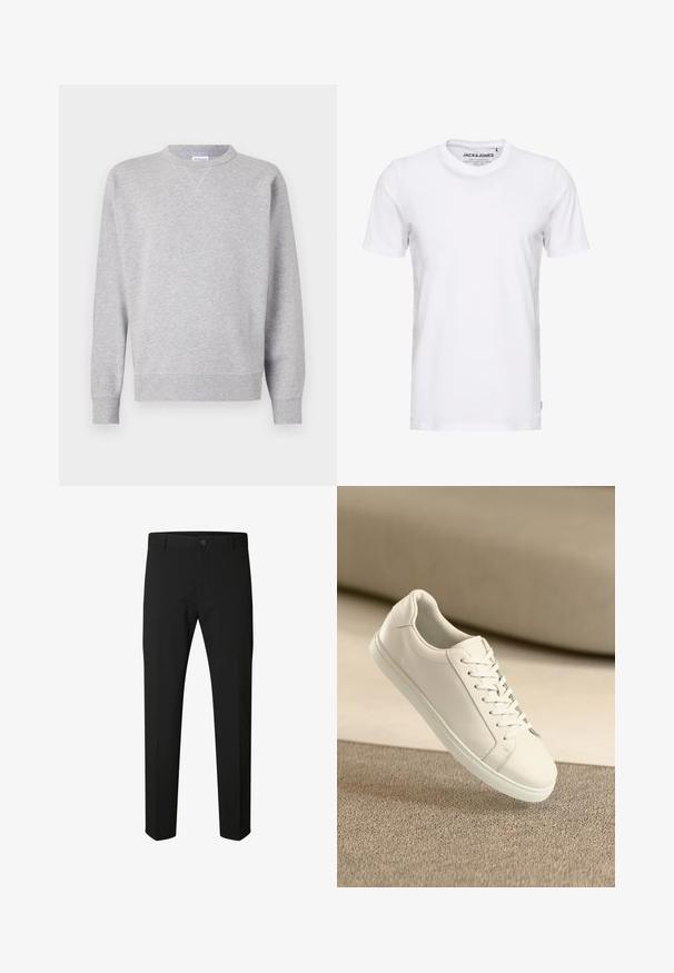 Sudadera gris hecha de tela suave, con cuello redondo, mangas largas, puños acanalados y dobladillo recto. Sin patrones ni gráficos visibles.; Camiseta de manga corta blanca, hecha de algodón, con cuello redondo y un diseño sencillo. Etiqueta de la marca visible en la zona del cuello. Sin patrones ni detalles.; Pantalones negros de corte ajustado con cierre de botón y cremallera, trabillas para cinturón y piernas rectas sobre fondo blanco.; Zapatilla de cuero blanca con cordones blancos, exhibida sobre una superficie texturizada beige y un suave fondo desenfocado.