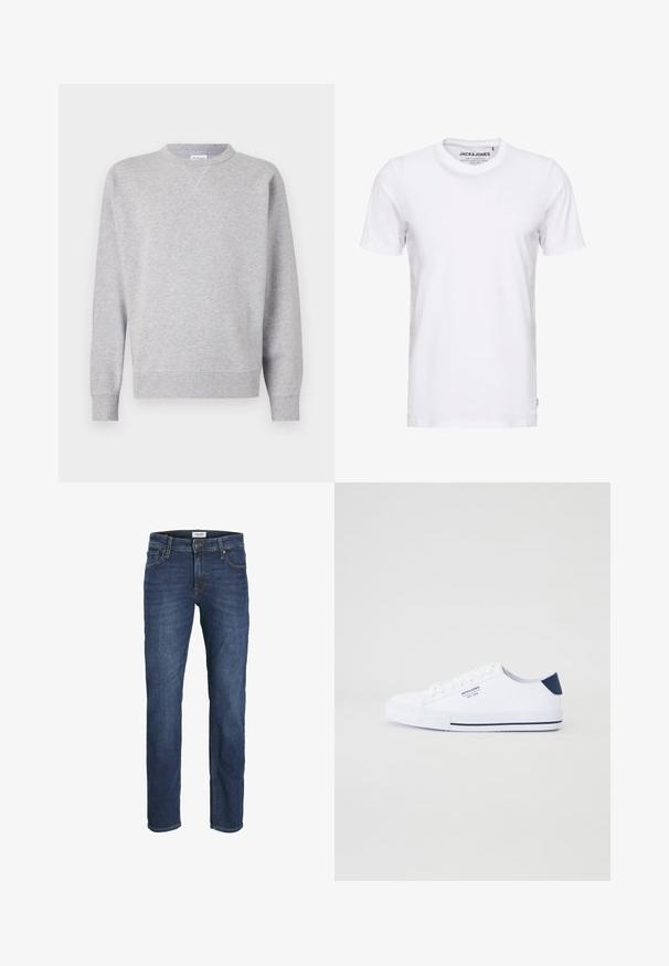 Sweatshirt gris en tissu doux, avec un col rond, des manches longues, des poignets côtelés et un ourlet droit. Aucune motif ni graphique visible.; T-shirt blanc à manches courtes en coton, avec un col rond et un design simple. Étiquette de marque visible au niveau du cou. Aucun motif ni accent.; Jean en denim bleu foncé avec une coupe droite, design à cinq poches et détails de couture visibles. Fermeture classique par bouton et zip.; Baskets en toile blanches avec un accent de talon marine, semelle en caoutchouc plate, bout rond et lacets blancs. Présente un logo sur le côté.
