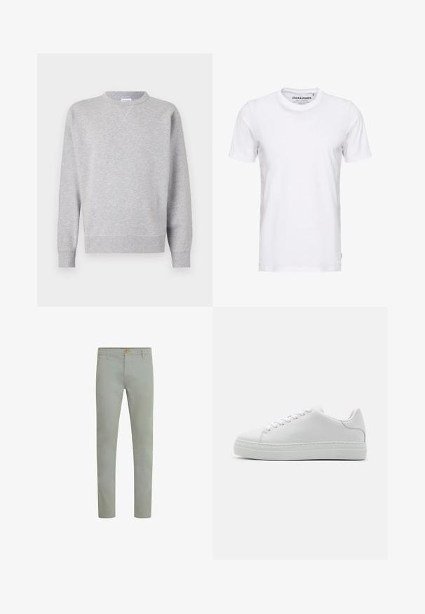 Sudadera gris hecha de tela suave, con cuello redondo, mangas largas, puños acanalados y dobladillo recto. Sin patrones ni gráficos visibles.; Camiseta de manga corta blanca, hecha de algodón, con cuello redondo y un diseño sencillo. Etiqueta de la marca visible en la zona del cuello. Sin patrones ni detalles.; Pantalones de algodón verde claro con corte recto, bolsillos frontales y cierre de botón simple en la cintura. Textura suave, diseño minimalista.; Zapatilla de cuero blanca con suela de plataforma gruesa, punta redonda y seis ojetes. Textura suave con detalles de costura sutiles.