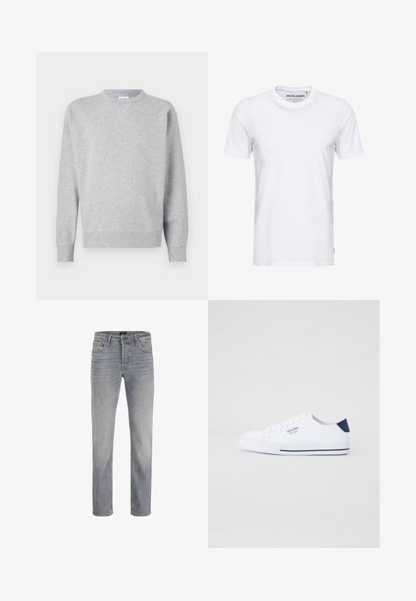 Grå sweatshirt lavet af blødt stof, med rund halsudskæring, lange ærmer, ribbede manchetter og lige kant. Ingen synlige mønstre eller grafik.; Hvid t-shirt med korte ærmer lavet af bomuld, med en rund hals og et enkelt design. Brandtag synlig på halsområdet. Ingen mønstre eller accenter.; Lys grå denimjeans med lige ben-design, fem-lomme stil og klassisk knappelukning. Glat stoftekstur og ren finish.; Hvide kanvas sneakers med en marineblå hælaccents, flad gummisål, rund tå og hvide snørebånd. Har logo på siden.