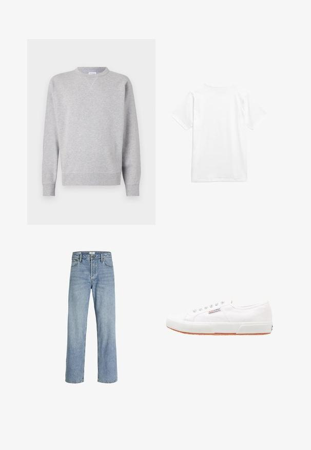 Grå sweatshirt lavet af blødt stof, med rund halsudskæring, lange ærmer, ribbede manchetter og lige kant. Ingen synlige mønstre eller grafik.; Hvid bomulds t-shirt med korte ærmer og rund halsudskæring. Stoffet ser glat ud uden mønstre eller synlig hardware.; Lyseblå denimjeans med lige ben, høj talje, fem-lommers design og subtilt slid, med metalknaplukning.; Hvide kanvas sneakers med gummisål, snørebåndsdesign og et lille logo mærke på siden. Tekstureret hvid overdel og brun ydersål.